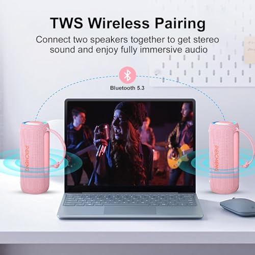 Image of PEICHENG Bluetooth Speaker, Portable Wireless Clear Loud Stereo Sound IPX5 Waterproof with RGB Lights BT5.3 Long Playtime TWS Pairing,for Home Party Outdoor Beach,Great Gift Choice (Pink)