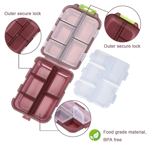 Image of Medicine Pill Organizer with 189 Labels, 10 Compartments Travel Pill Box, Mini Case, Compact Container for Purse (Brown)
