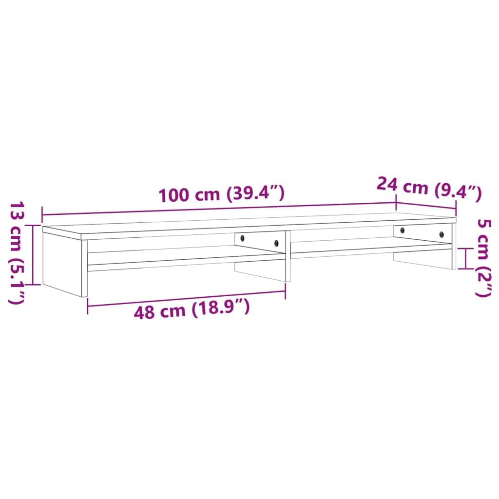 Supporto per monitor, 100 x 24 x 13 cm, ergonomico, in legno di pino massiccio, con ripiani, organizer da scrivania per schermo di PC e laptop, marrone cerato