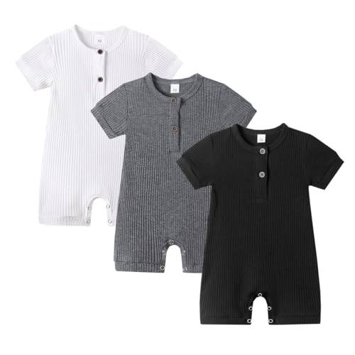 Image of Bafeicao Baby Boy Girl 2/3 Pack Solid Romper Ribbed Short/Long Sleeve Bodysuit Jumpsuit Infant Knitted Outfits Clothes