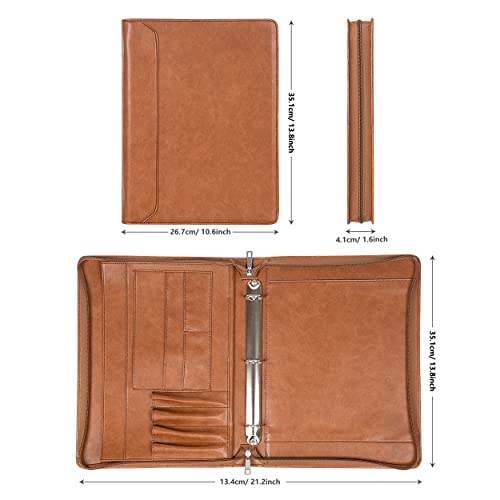 Azxcg Padfolio For Women, 3 Ring Binder Business Portfolio, Vegan Leather Zipper Binder Portfolio Folio, Document Notebook Organizer With A4 Clipboard Folder, Gift For Men, Brown #TOP6