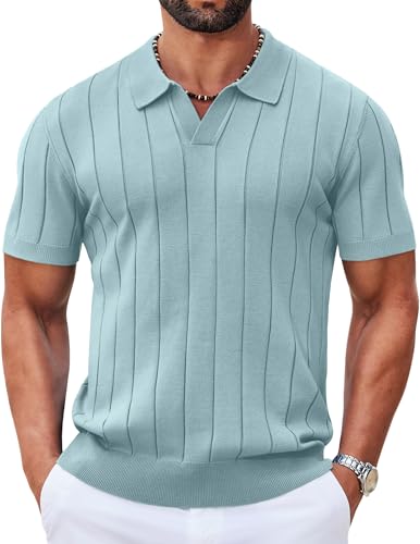 Image of COOFANDY Mens Polo Shirts Short Sleeve V Neck Knit Shirts for Men Casual Old Money Clothes Mens Golf Shirt