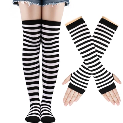 Image of Black and White Striped Arm Leg Warmers Sleeves Set Rainbow Socks Knee High Fingerless Gloves Hand Thigh Warm
