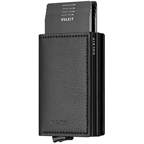 VULKIT Pop Up Wallet Automatic Leather Slim Credit Card Holder RFID Blocking Metal Double Card Case for Men and Women Black Cover