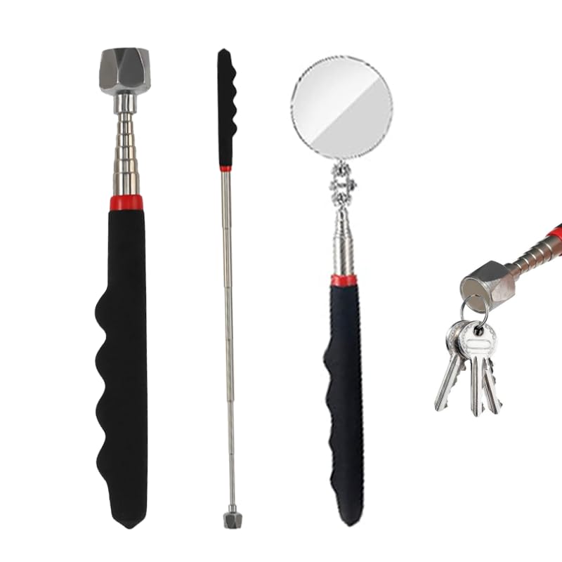 Stabmagnet bis zu 7,2kg(16lb) Teleskop Magnetstab Maximale Lengte 80cm,Runder Inspektionsspiegel Teleskopspiegel,Geocaching Zubehör,Faltbarer Einziehbarer Runder Teleskopspiegel Magnetstab