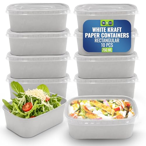 SNH Packing White 10-Pack Rectangular Kraft Paper 750 ml Disposable Meal Boxes with Lids - Heavy-Duty Microwave-Safe Leak-Resistant Takeaway Containers for Hot & Cold Food Meal Prep BBQ Salads