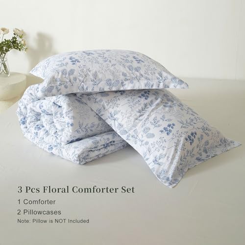 EAVD Queen Comforter Set White and Blue Floral Bedding Set for Women Soft Microfiber 3-Piece Vintage Garden Floral Comforter Set with 2 Pillowcases Botanical Bedding Set for All-Season - Image 4