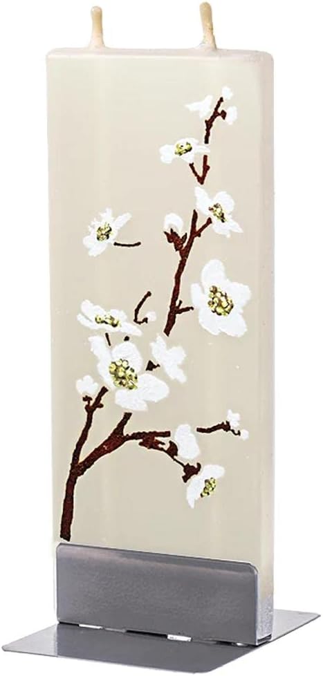FlatyzHand Painted Flat Candle| Unscented, Dripless, Smokeless, Decorative | White Cherry Flower | Double Wick with Metal Base | Unique Gift Idea and Home DÃƒ©cor Accent