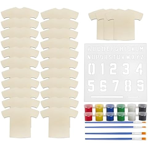 Attatoy Sports Kids’ Wooden Craft Kit (Party-Pack); Sport Jersey Decorating Art Painting Set w/ 25 Sports Shirt Cutouts Cover