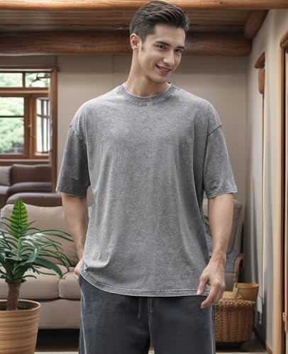 Image of Men's Oversized T-Shirts Cotton Unisex Short Sleeves Casual Loose Wash Solid Basic Tee Tops