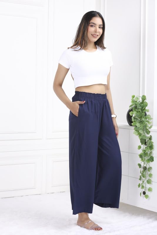 Image of Mlada Rayon Palazzo Pants for Women | Palazzo Pant for Women | Palazzo for Office Wear | Mid Rise Palazzo Pants | Regular Fit Palazzo Pants for Women | Relaxed Palazzo Pants | Solid Palazzo Pants