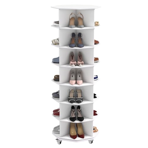 uyoyous Rotating Shoe Rack Tower 7 Tier 28 Pairs Large Shoe Storage Organizer Space-Saving Free Standing Shoe Racks 360 Revolving Polygon Shoe Rack for Closet Handbag Display White