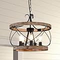 5-Light Farmhouse Wood Chandelier, 15.7" French Rustic Industrial Drum Hanging Pendant Lighting Over Table, Wood Texture Adjustable Chandelier for Dining Room Bedroom Living Room Kitchen Island