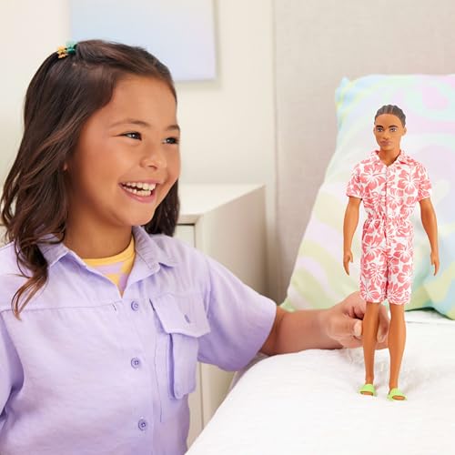 Image of Barbie Fashionistas Ken Doll #235 with Braided Brown Hair, Wearing Coral Jumpsuit with Hawaiian Print and Green Sandals