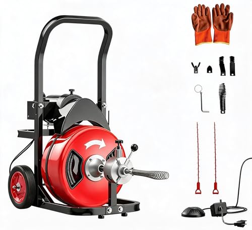 Image of Garvee 100Ft 3 /4 Inch Drain Cleaning Machine. Sewer Snake 750w Auto Feed with 6 Cutter, Portable Drain Cleaning Machine Electric Drain Auger Sewer Auger Air-Activated Foot Switch for 4 inch to 8 inch Pipes
