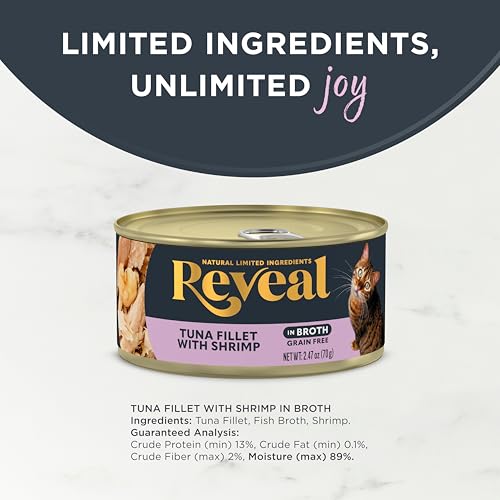 Image of Reveal Tuna Fillet & Shrimp in Broth Wet Cat Food 24-Pack 2.47 oz Cans | 100% Natural, High Quality Protein, Limited Ingredient, Grain Free, Complementary Food, No Fillers, No Artificial Additives