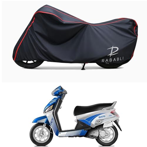 Image of Waterproof Bike Body Cover Compatible for | Mahindra Gusto RS | Taffeta Fabric, Red Piping Design, Bottom Elastic Fit | Dustproof, Sun UV & Rain Protection for All Bikes