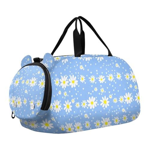 Heart Flowers Blue Kids Travel Duffel Bag for Boys Girls Overnight Weekend Tote Bag with Shoes Compartment for Trip Beach Swim