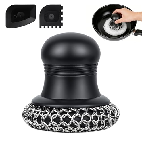 Image of 316 Upgraded Cast Iron Scrubber with Pan Scraper,Cast Iron Cleaner for Grill Pan Skillet Wok Carbon Steel,Ergonomic to Hold Easy to Use Dishwasher Safe ((Large Chain Mail))