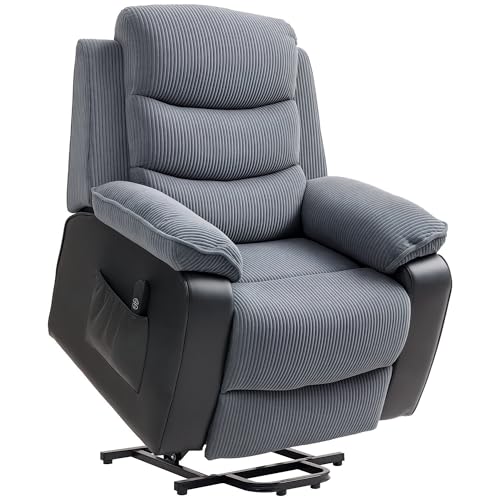 HOMCOM Sillón Relax Reclinable Eléctrico Levanta Personas, Sillón Elevador, con Puerto USB, Control Remoto, Reposapiés, Tapizado en Pana, Bolsillos Laterales, Gris Oscuro
