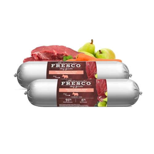 FRESCO Dog Barf Wurst Rind mit Karotten, Birnen & Grünlippmuscheln I Doppelpack I 2 x 400 g I Ergänzungsfutter für Hunde I Hoher Proteingehalt I Ohne Zusatzstoffe