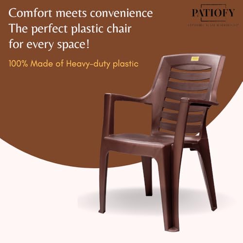 Image of Patiofy Plastic Chair for Home & Outdoor Use | Heavy Duty Comfortable Chair with Strong Legs | Stackable, Easy to Clean | Suitable for Living Room, Balcony, Patio Pack of 4 (Maxim Brown)