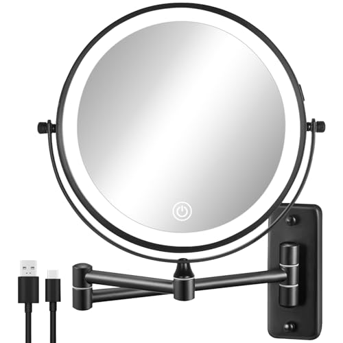 DECLUTTR Wall Mounted Lighted Makeup Mirror, 8' Rechargeable Double Sided 1X/10X Magnifying Mirror with Light, 3 Color Lights, Touch Dimmable, 360° Rotation Foldable Extended Arm, Black