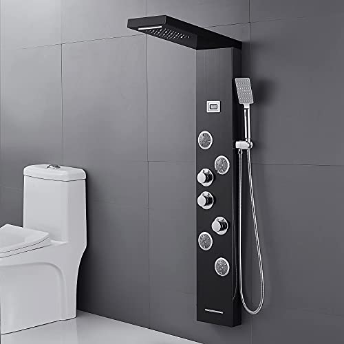 Menatt Led Shower Panels Tower System, Sus304 Stainless Steel Bathroom Shower Panel System With 4 Body Jets, Rainfall, Waterfall, Handheld Shower, Tub Faucet (Black) #TOP1