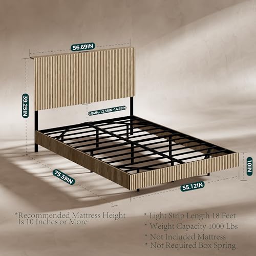 Image of Evermagin Oak Full Floating Bed Frame with Headboard | Boho Fluted Platform Bed with LED Lights, Heavy Duty Floating Bedframe with Charging Station, No Box Spring Needed