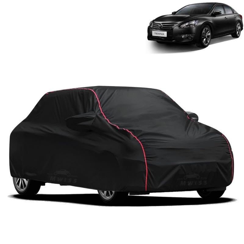 Image of Waterproof Car Cover for Nissan Teana | All-Weather Protection, Dustproof & UV Resistant | Triple Stitched Mirror Pockets, Windproof Buckle Strap with Elastic Hem, Black-Red Piping