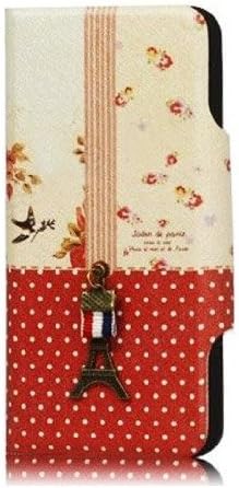 Red and White Polka Dot Magnetic Leather Flip Case with Flower Pattern and Eiffel Tower Design and Credit Card ID slots For the NEW Apple iPhone 5C (AT&T, Verizon, Sprint)