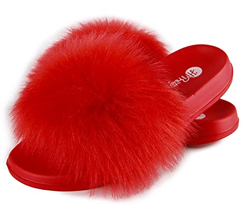 HIPRETTYUS Women's Faux Fur Slides, Open Toe Cute Fluffy Fur Slippers, Indoor or Outdoor Comfortable Furry Slide Sandals