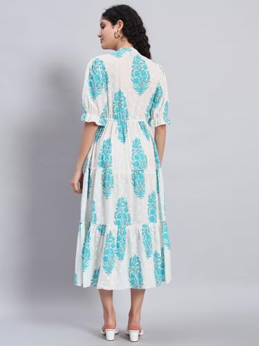 Image of PIDAVLIYA'S Women's Floral Summer Maxi Dress I Cotton Printed I One Piece Bodycon Midi Dress with V-Neck, Puffed Sleeves