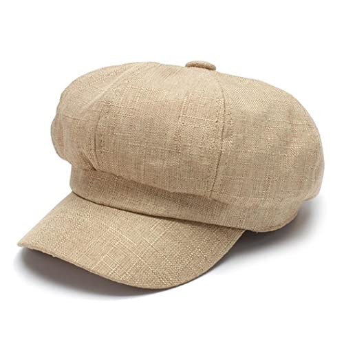 BRU-URB Linen Cotton Newsboy Cap Women Men French Painter Hat Ladies Spring Summer Beret Hat Fashion Octagonal Sun Cap Khaki, 6 7/8-7 3/8