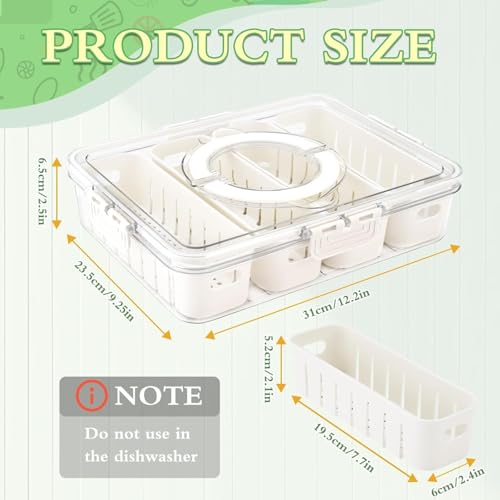 Image of Divided Fridge Storage Box with Lid & Handle, 4 Compartment Snack & Veggie Tray, Refrigerator Organizer for Fruits, Vegetables, Dry Fruits & Meat (4 Divided - with handle & lock)