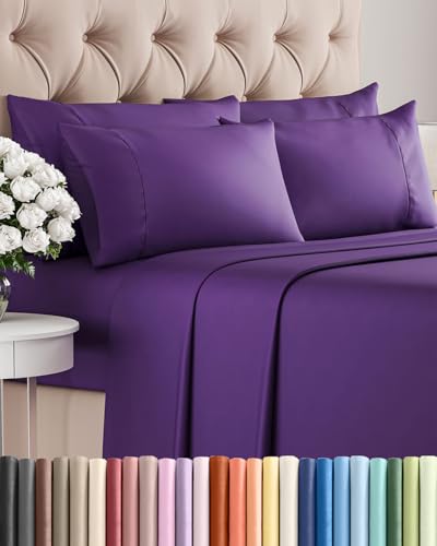 Image of Full 6 Piece Bed Sheet Set - Comfy, Breathable & Cooling Sheets - Purple | Ultra-Soft Hotel Luxury Bedding Set with 8-16 Inch Deep Pockets, 1 Flat & 1 Fitted Sheet & 4 Pillowcases, Wrinkle & Fade Free