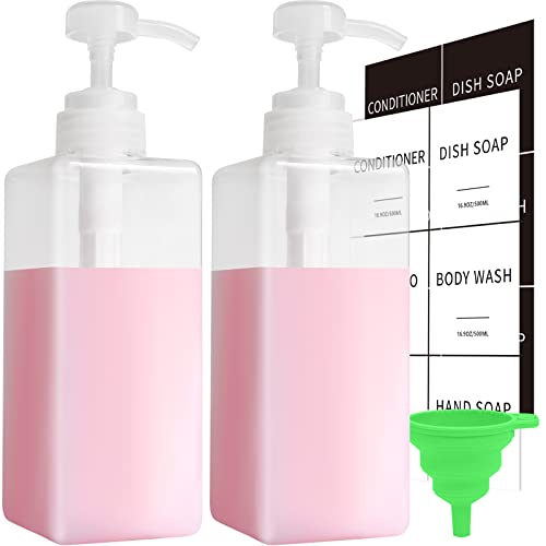 Image of Clear Soap Dispenser with Waterproof Labels, 16 oz Dish Soap Dispenser for Kitchen, Thickened Plastic Hand Soap Dispenser for Bathroom, Shampoo and Conditioner Pump Bottles with Silicon Funnel, 2 Pack