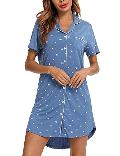 Image of Samring Pajama Nightgown for Women Short Sleeve Button Down Boyfriend Night Gown Nightdress Sleep Shirts