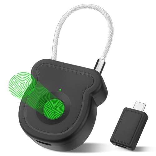 Fingerprint Padlock Lock with Key Backup, Biometric Metal Keyless Thumbprint Lock, Waterproof, USB Rechargeable, for Gym Locker, School Locker, Luggage, Backpack, Suitcase