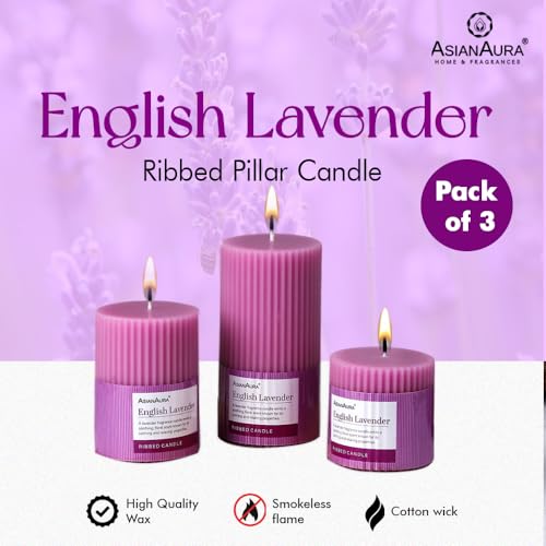 Image of ASIAN AURA Ribbed Pillar Candles - Pack of 3 | Scented Candles for Home Decor, Gifting & Festive Use | Long Burn time up to 36hrs | Clean-Burning Wax & Smokeless Flame (Lavender)