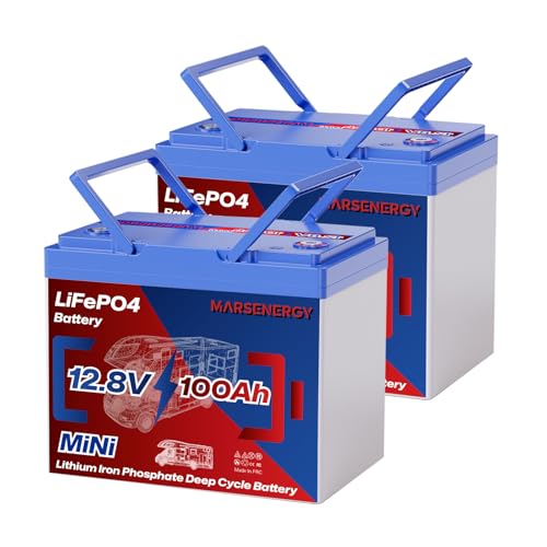 MARSENERGY 12V 100Ah Lifepo4 Battery, Bci Group 24 Size, Built-in 100A Smart BMS, 4500-15000 Deep Cycle Grade A Lithium Cells for RV Travel,Trolling Motor,Marine, Boat, Solar Panel, Camping (2 Pack)