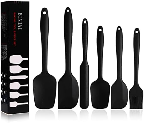 BINHAI Set spatole in silicone – Spatola in gomma nera antiaderente 6 pezzi con anima in acciaio inossidabile – Set di utensili da cucina per spatole resistenti al calore per cottura