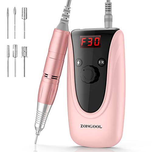 ZONGOOL Portable Electric Nail Drill, 30000RPM High Speed Rechargeable Efile Nail Drill for Acrylic, Gel Nails, Manicure Pedicure Polishing, Professional Nail Drill for Home DIY and Salon Use (Pink)