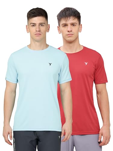 Image of TECHNOSPORT Men's 100% Polyester Slim Fit Solid Short Sleeve T-Shirt for Gym, Workout, Sports and Regular Use - Pack of 2