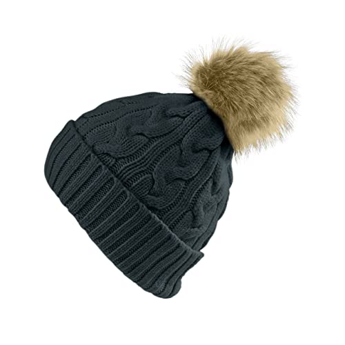 NF NITZSCHE fashion - Bommelmütze für Damen - Farbe: schwarz und Weiss - one Size - warme Wintermütze mit Kunstfell-Bommel - Beanie mit Bommel für Damen (Schwarz) Cover