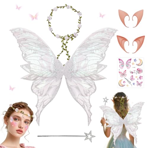 Fettwal Feenflügel Erwachsene Kinder Damen, Feen Kostüm Damen Kinder, Feen Flügel Elfen Kostüm Damen, mit 2 Paar Elfenohren, Elfengirlande, Feenflügel Kostüme, für Halloween Karneval Ostern (Weiß)