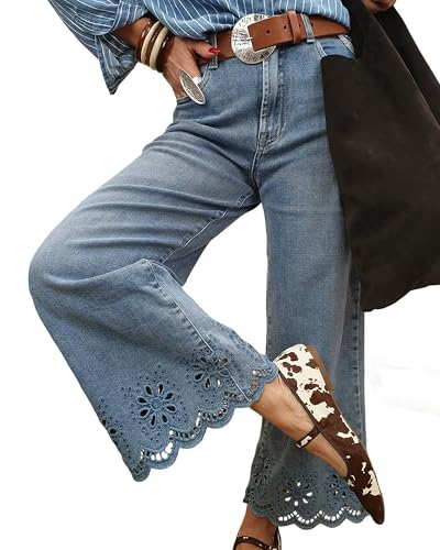 Women's High Waisted Flare Jeans Stretchy Wide Leg Loose Trendy Raw Hem Cropped Denim Pants2