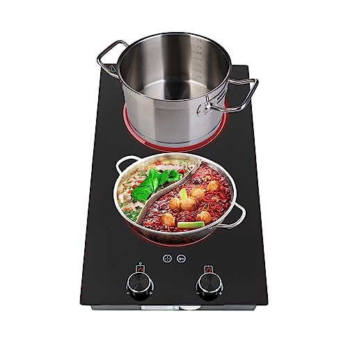 CRYBY Double Induction Cooktop, 1200W+900W Electric Stove Top Electric Cooktop Burner with 2 Knob Control, Portable Dual Induction Burner Induction Stove Top Electric Countertop Cooker, 9 Power Levels