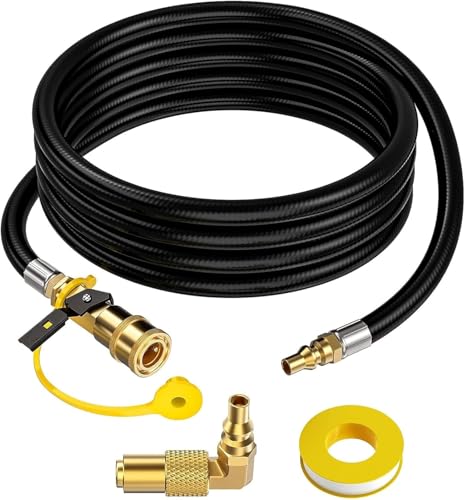 12 FT RV Quick Connect Propane Hose for RV to Grill LP Quick Connect Propane Hose with Elbow Adapter for 17 and 22 Blackstone Griddles 1/4 Shutoff Valve & 1/4 Male Full Flow Plug.