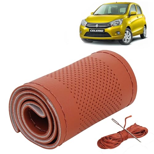Image of KINGSWAY PU Leatherite Car Steering Cover Sewable Compatible with Maruti Suzuki Celerio (Year 2014-2021), Tan Color with Tan Thread, Pack of 1 with Sewing Needle and Thread